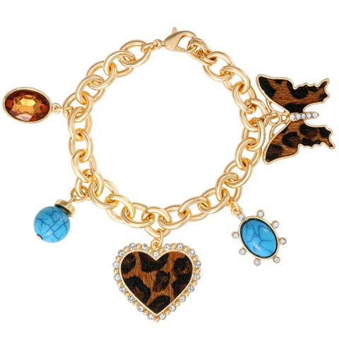 Crystal and Cheetah-Print Butterfly and Heart Charm Bracelet for Women 7.5", Gold-Tone, 5 Charms