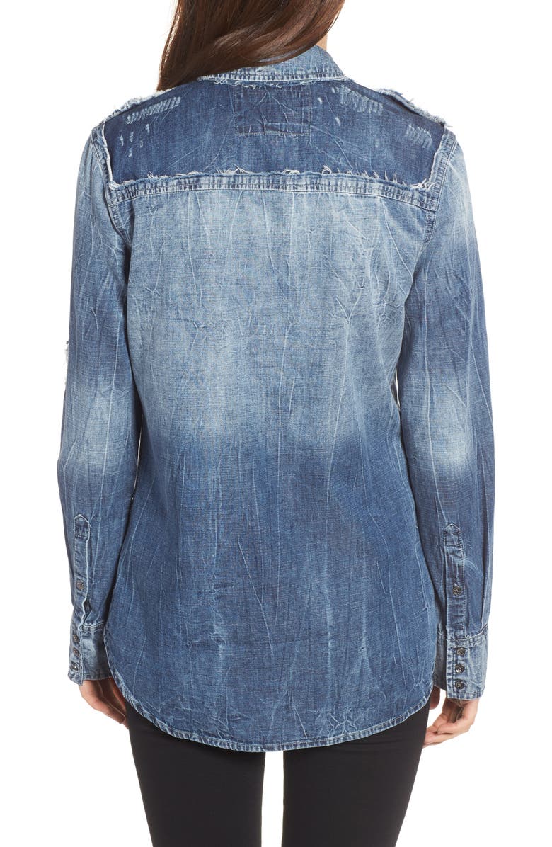 True Religion Brand Jeans Georgia Distressed Denim Shirt, Alternate, color, Indigo