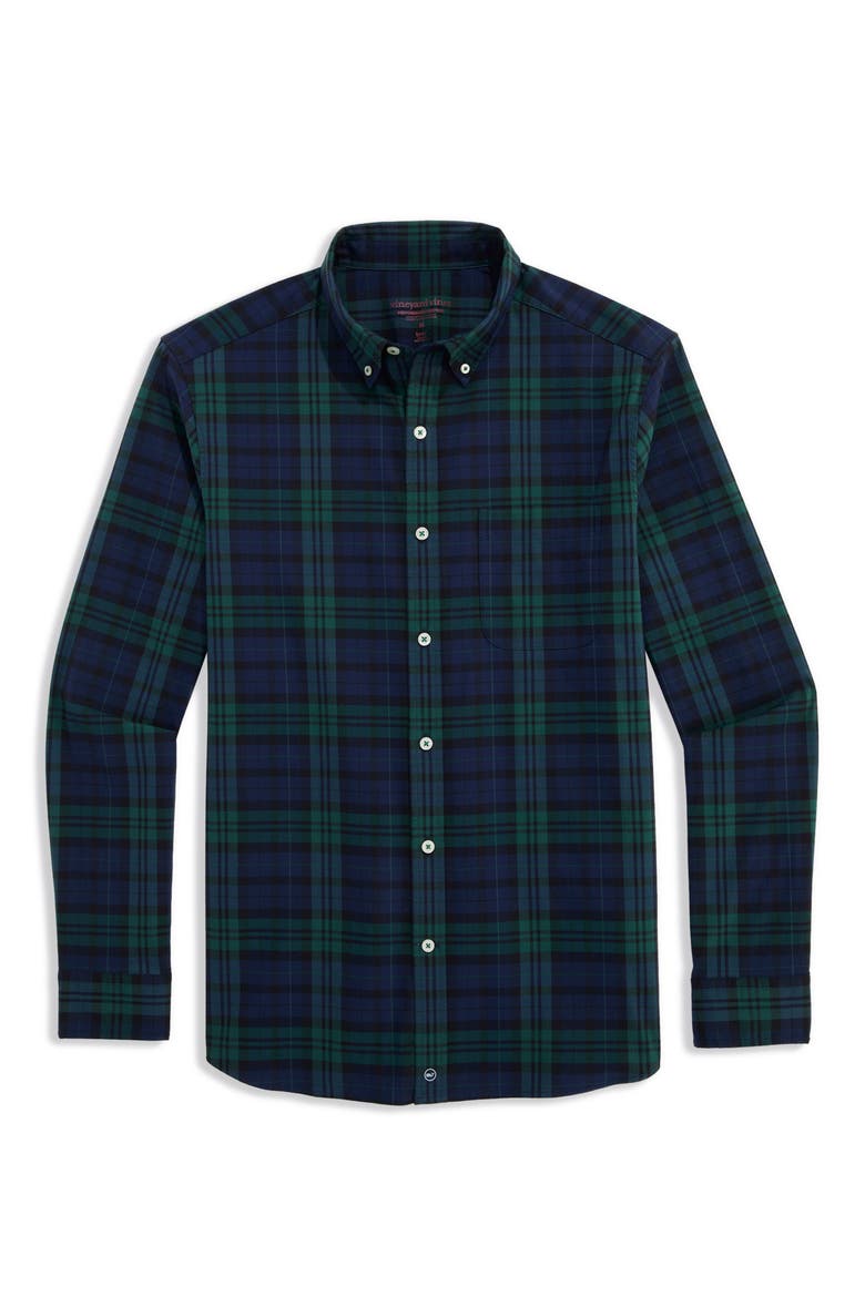 Noel Blackwatch Plaid Performance Cotton Button Down Shirt, Alternate, color, JET BLACK BLACKWATCH