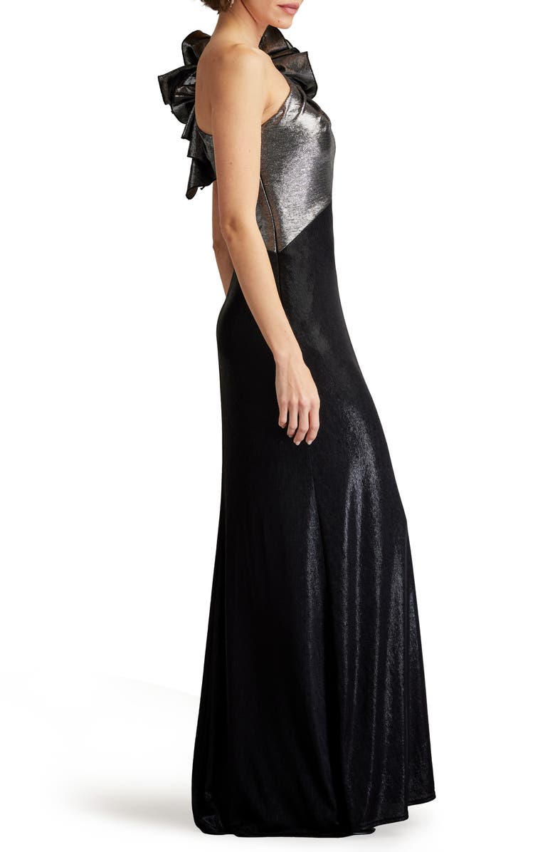 Tadashi Shoji Rosette Detail One-Shoulder Metallic & Satin Gown, Alternate, color, 