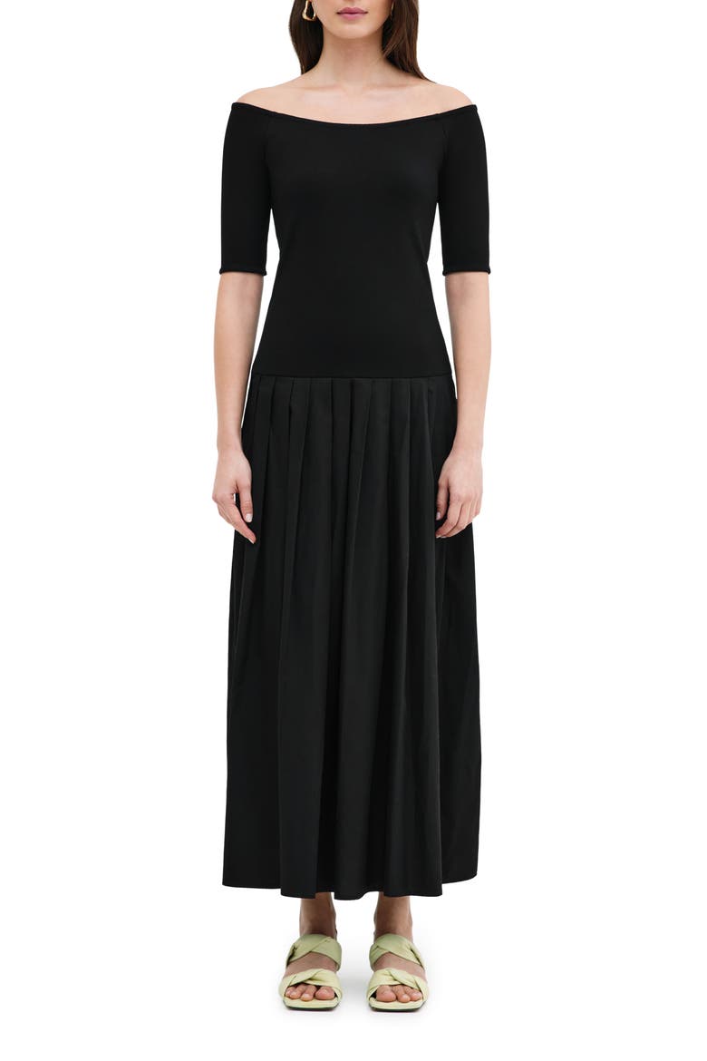 Mila Off the Shoulder Mixed Media Maxi Dress, Main, color, BLACK