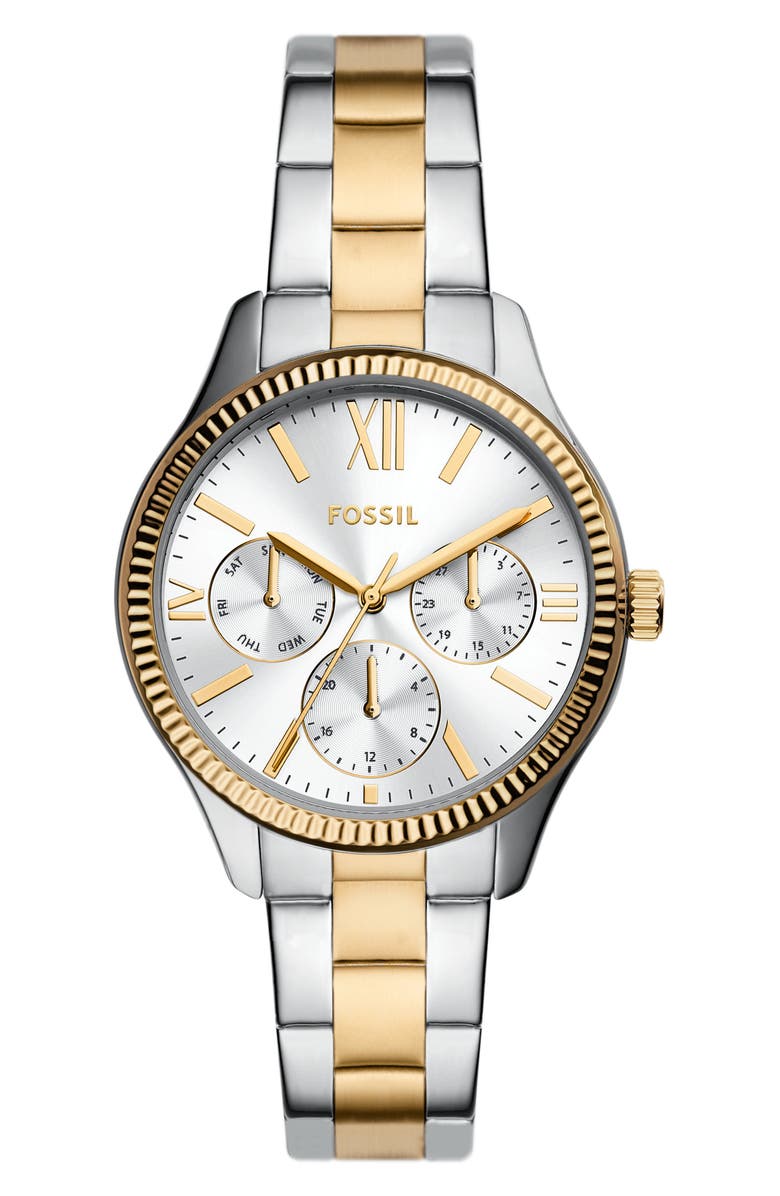 Fossil Rye Multifunction Two Tone Bracelet Watch, 36mm, Main, color, Silver