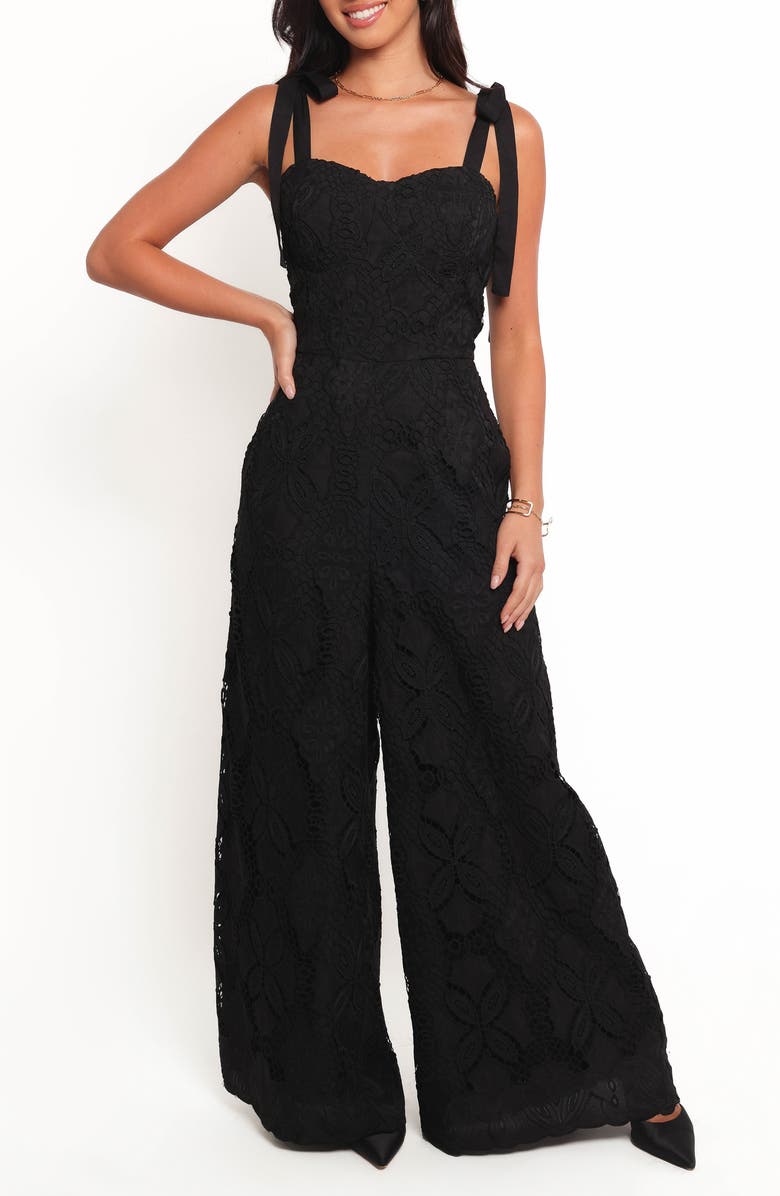 Petal & Pup Raya Tie Strap Lace Jumpsuit, Main, color, Black