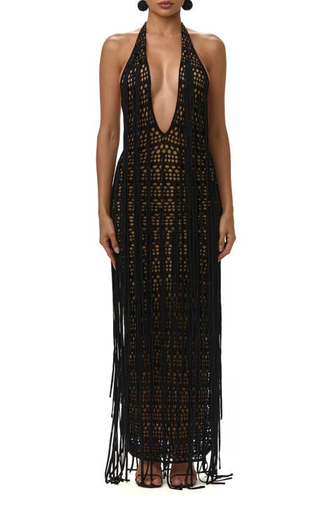 Crochet Fringe Plunge Neck Maxi Dress