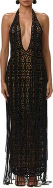 Naked Wardrobe Crochet Fringe Plunge Neck Maxi Dress