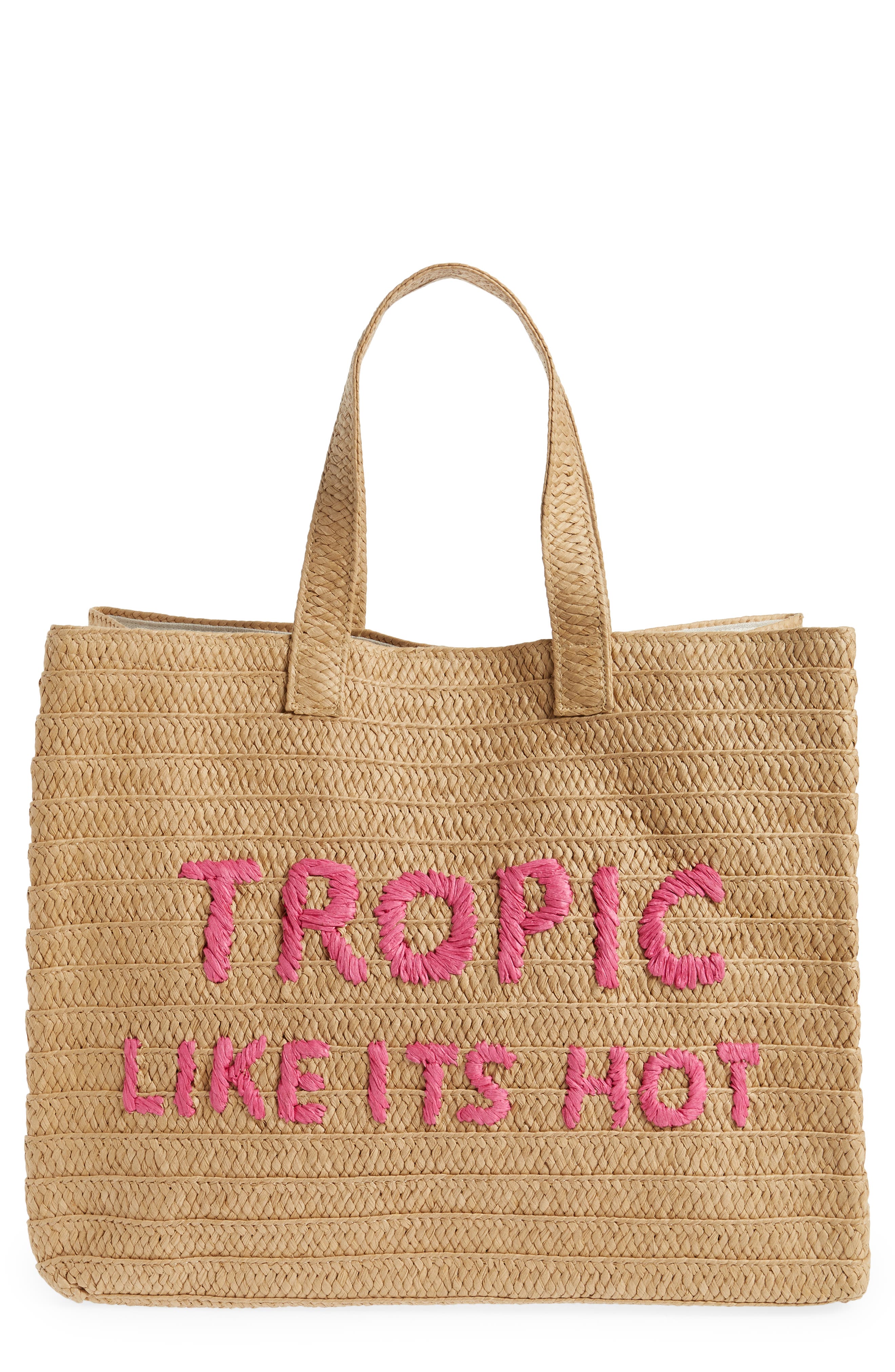 Tropic Like Its Hot Straw Tote, Main, color, SAND/ FUSCHIA