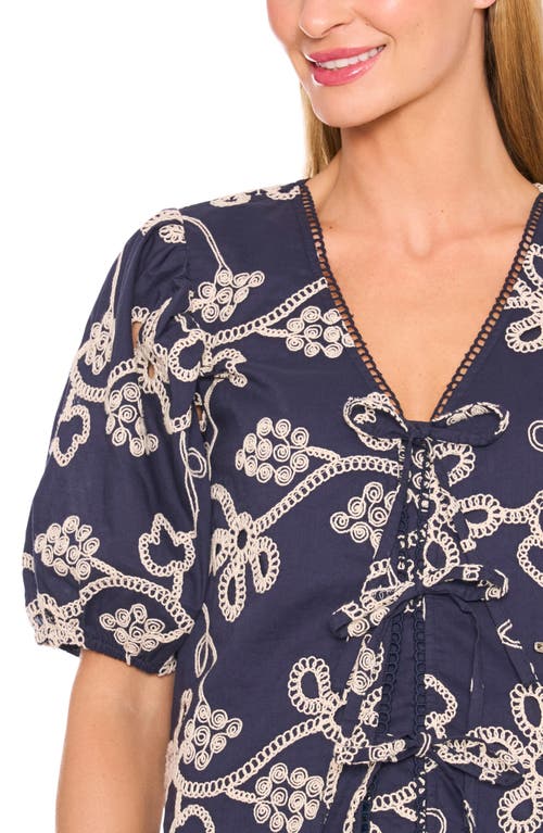 Cece Embroidered Puff Sleeve Cotton Top In Blue