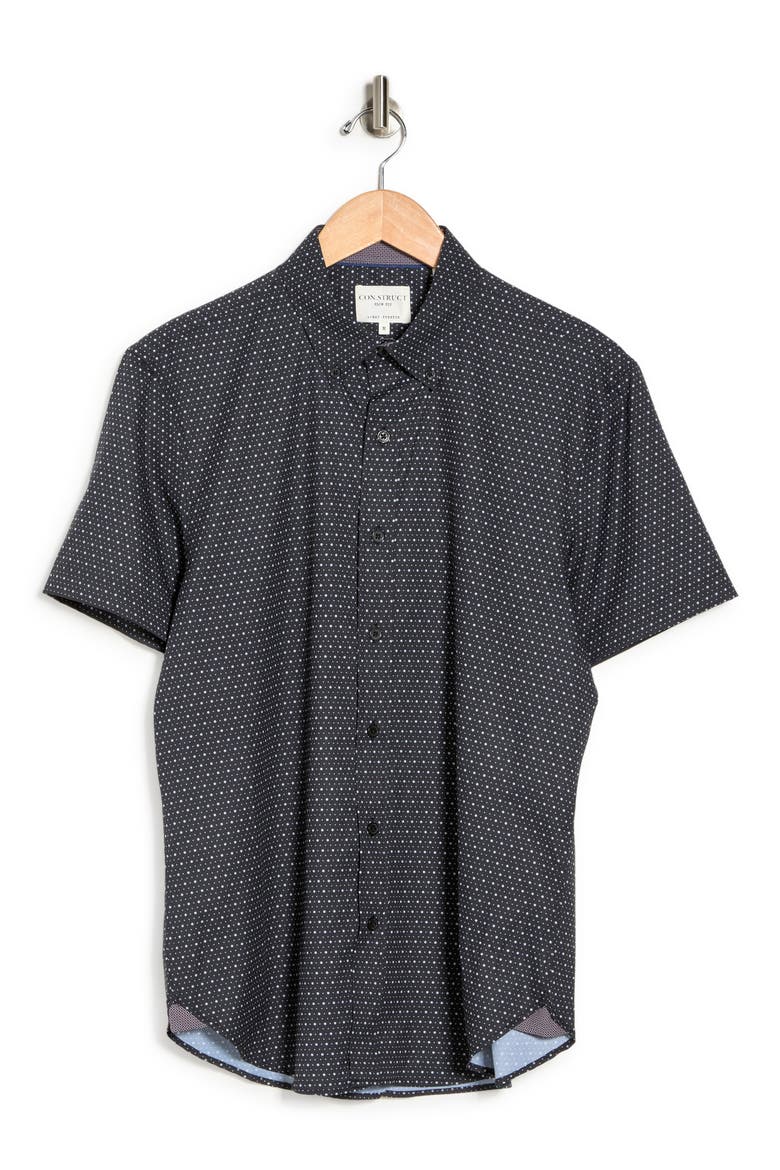 Slim Fit Micro Dot 4-Way Stretch Short Sleeve Button-Up Shirt, Alternate, color, BLACK