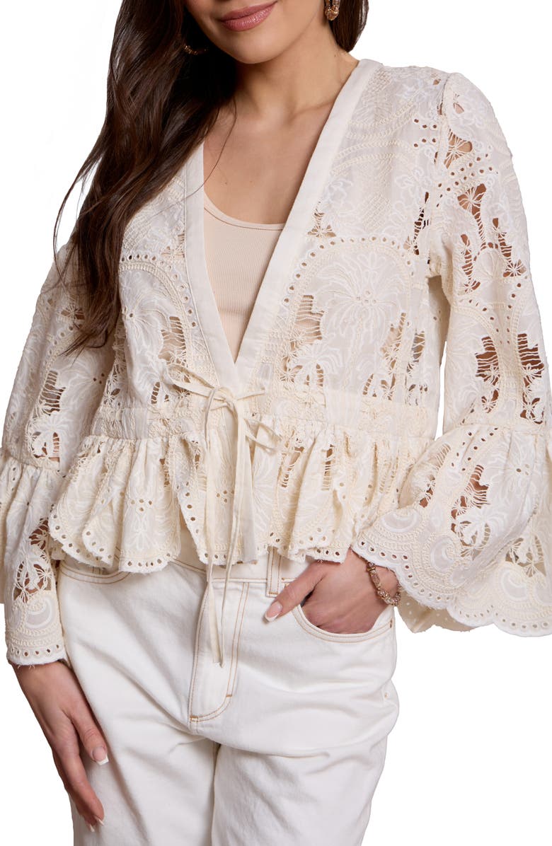 SAACHI Embroidered Eyelet Tie Front Ruffle Top, Alternate, color, Ivory