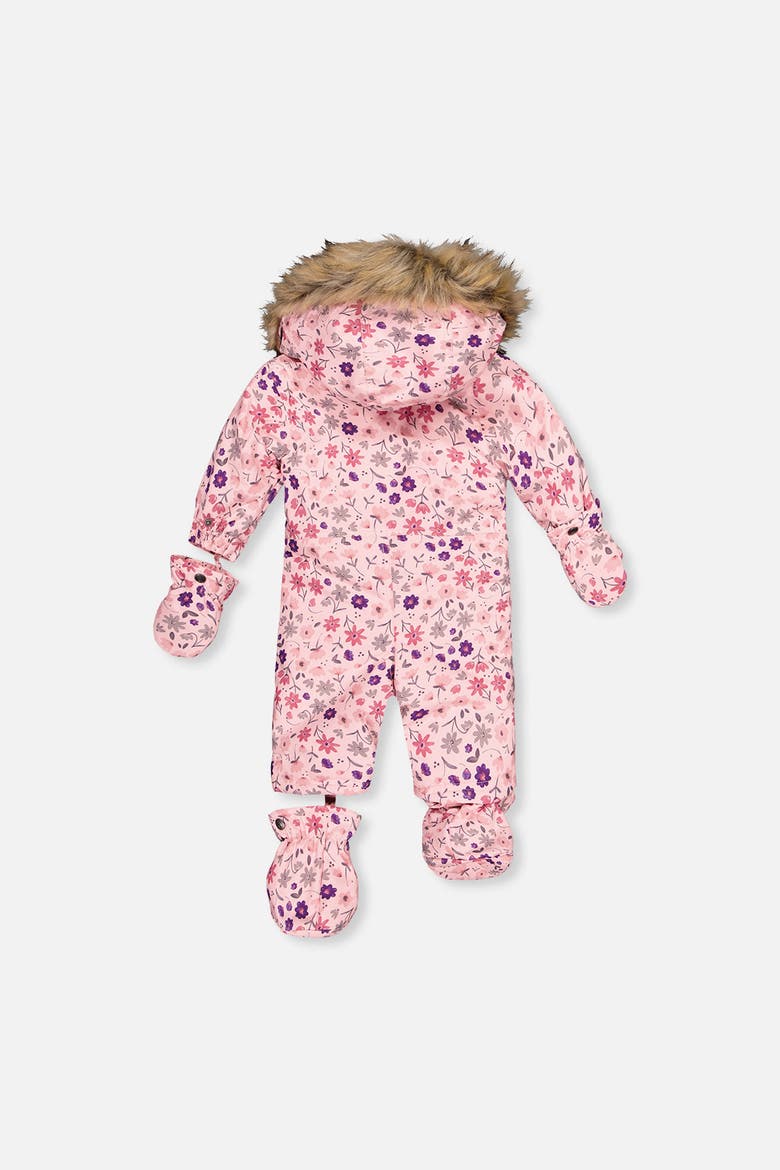 Play Mini Flower Faux Fur Hood Car Seat One Piece Snowsuit, Alternate, color, Rose Printed Mini-Flowers