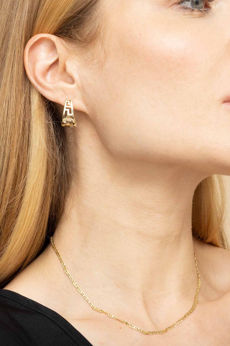 14K Yellow Gold Greek Key Huggies, Alternate, color, Yellow Gold