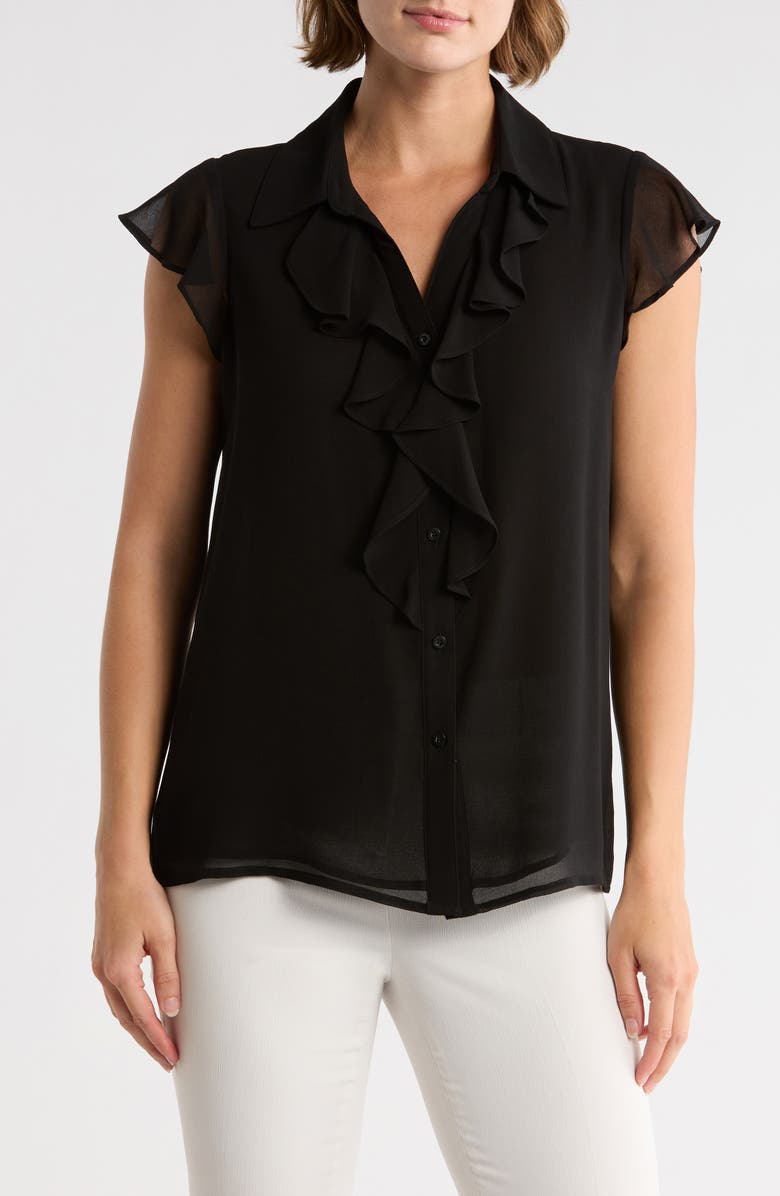 Calvin Klein Cap Sleeve Ruffle Front Top, Main, color, Black