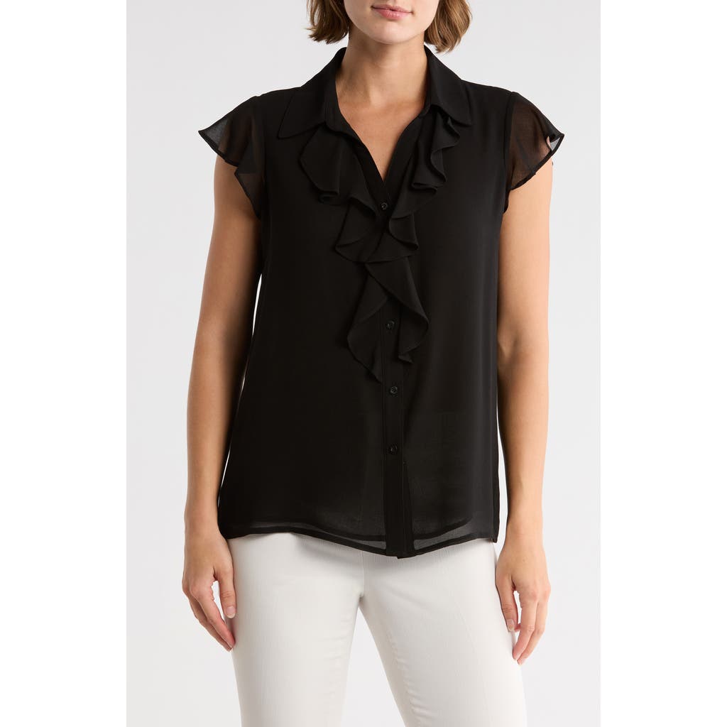 Calvin Klein Cap Sleeve Ruffle Front Top In Black
