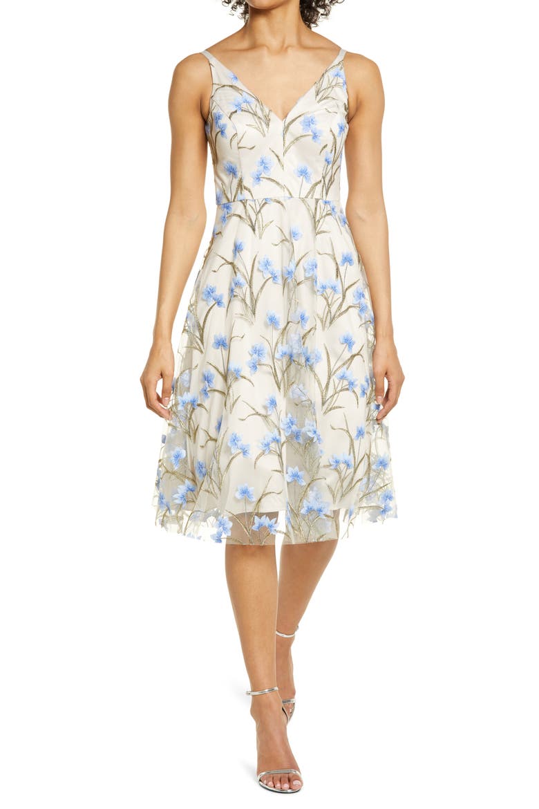 Floral Embroidered Fit & Flare Dress, Main, color, LIGHT BLUE