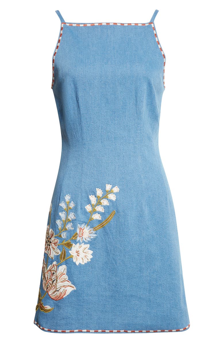 Veronica Beard Chester Floral Embroidered Denim Minidress, Main, color, Sea Glare
