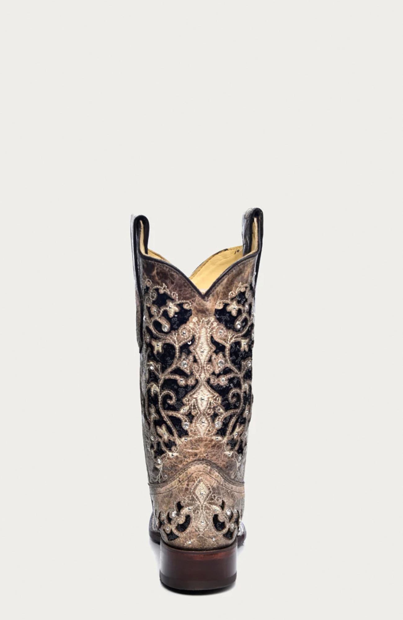 Cowhide Crystal Accent Studded Floral Detail Square Toe Western Boots, Alternate, color, Brown