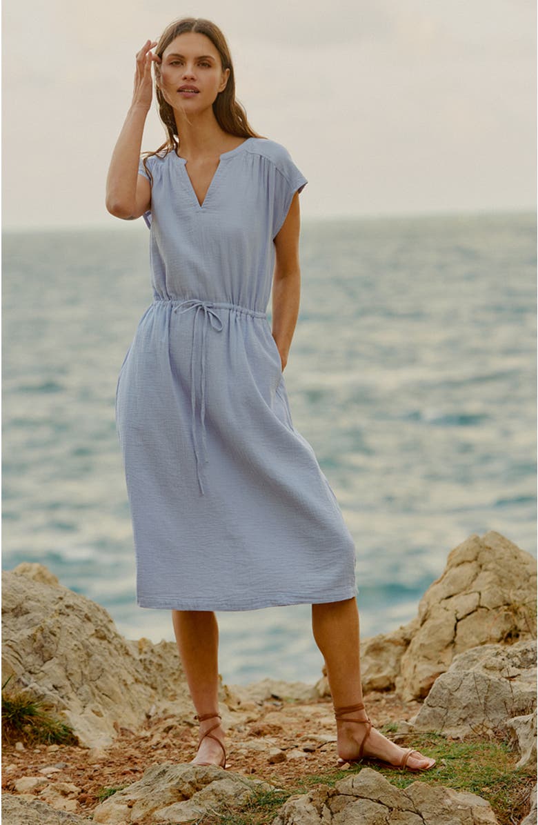 Pact Organic Cotton Coastal Double Gauze Tie Waist Midi Dress, Alternate, color, Cornflower Blue