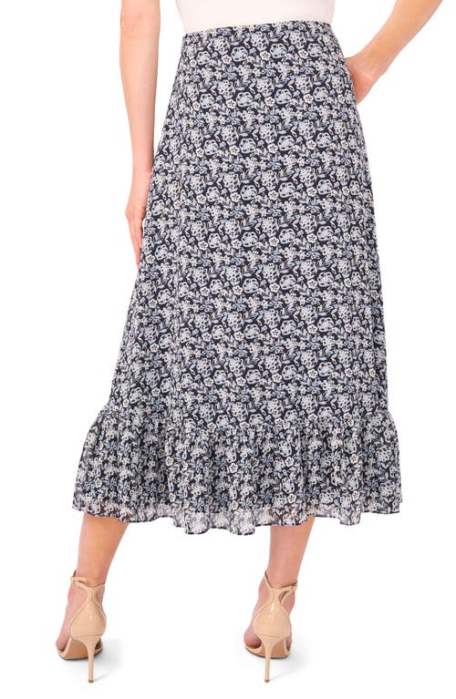 Cece Floral Ruffle Hem Midi Skirt In Blue