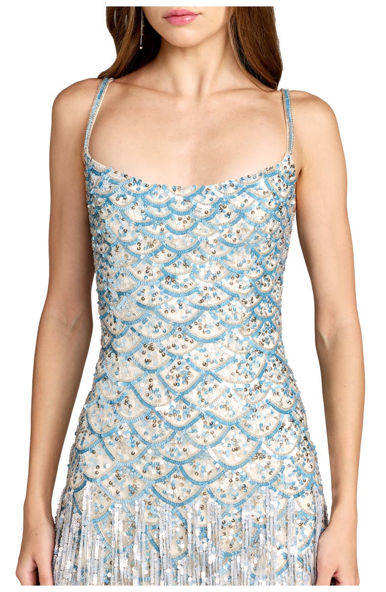 Mac Duggal Spaghetti Strap Sequin Fringe Mesh Column Gown, Alternate, color, Nude Silver