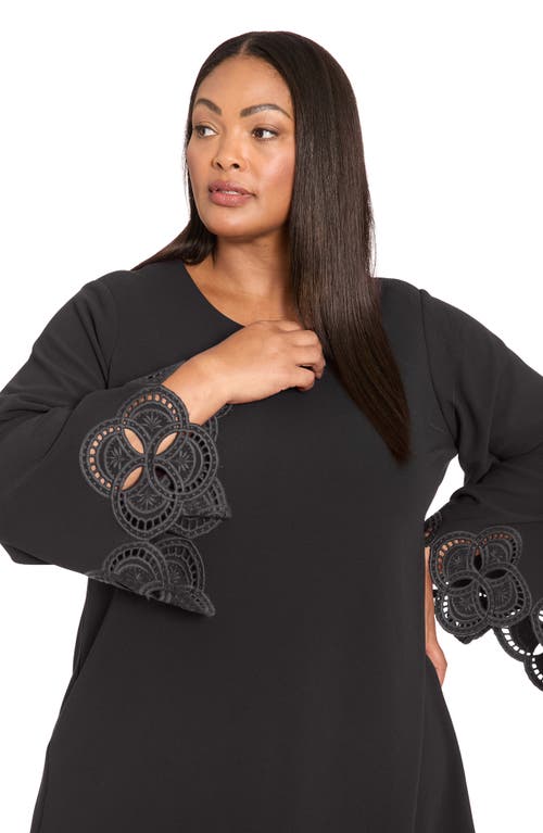 London Times Plus Size Lasercut Long Sleeve Swing Dress In Black