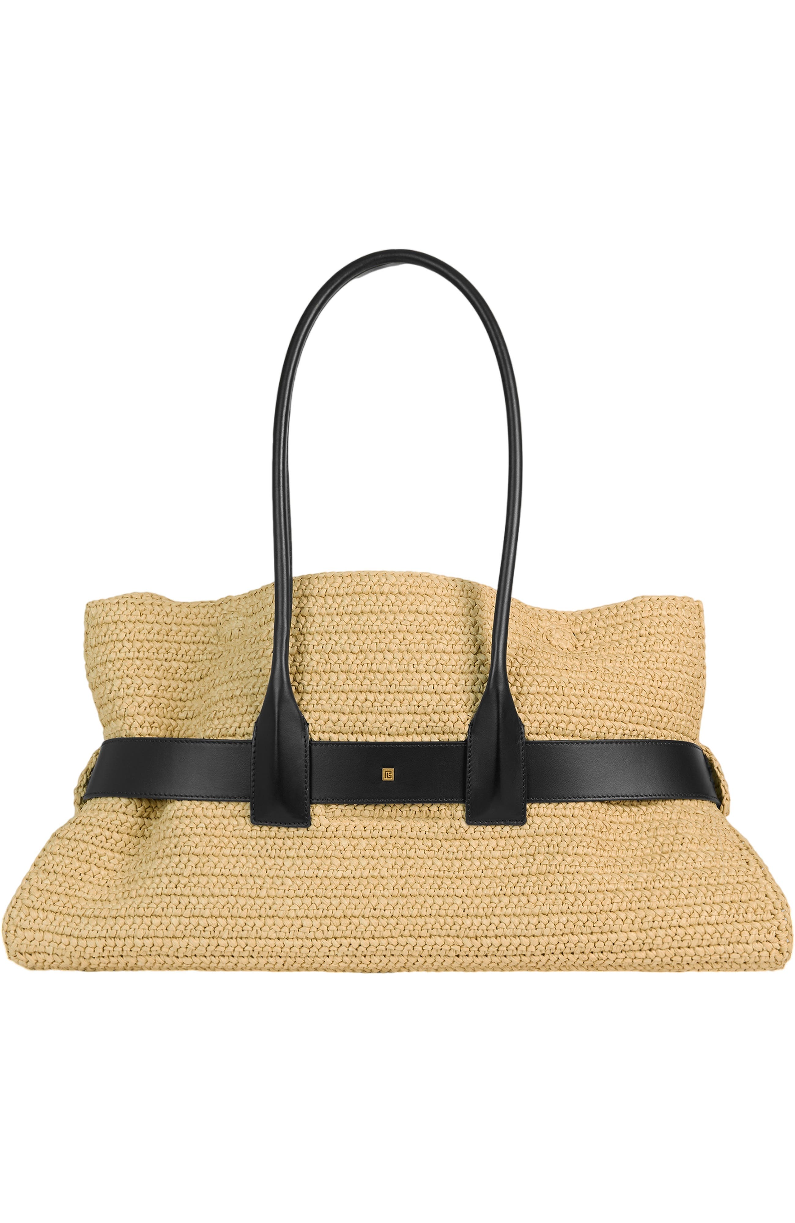 Balmain Large Anthem bag in smooth leather and crochet, Alternate, color, Beige