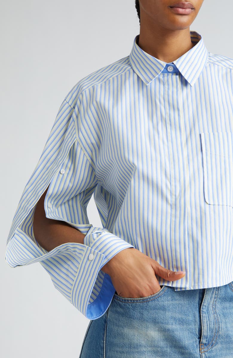 Victoria Beckham Stripe Crop High-Low Organic Cotton Button-Up Shirt, Alternate, color,