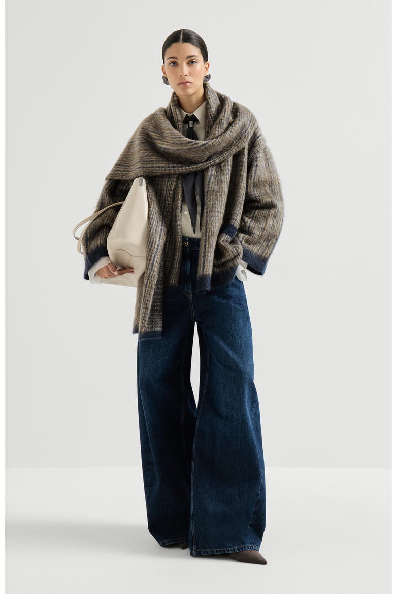 Mohair and wool Prince of Wales double knit outerwear jacket with scarf, Alternate, color, Brown