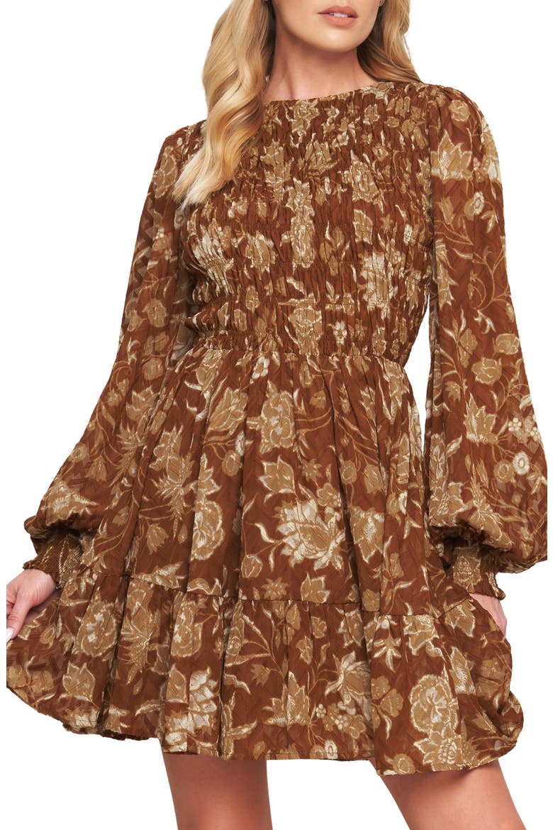 Floral Smocked Long Sleeve Minidress, Main, color, BROWN