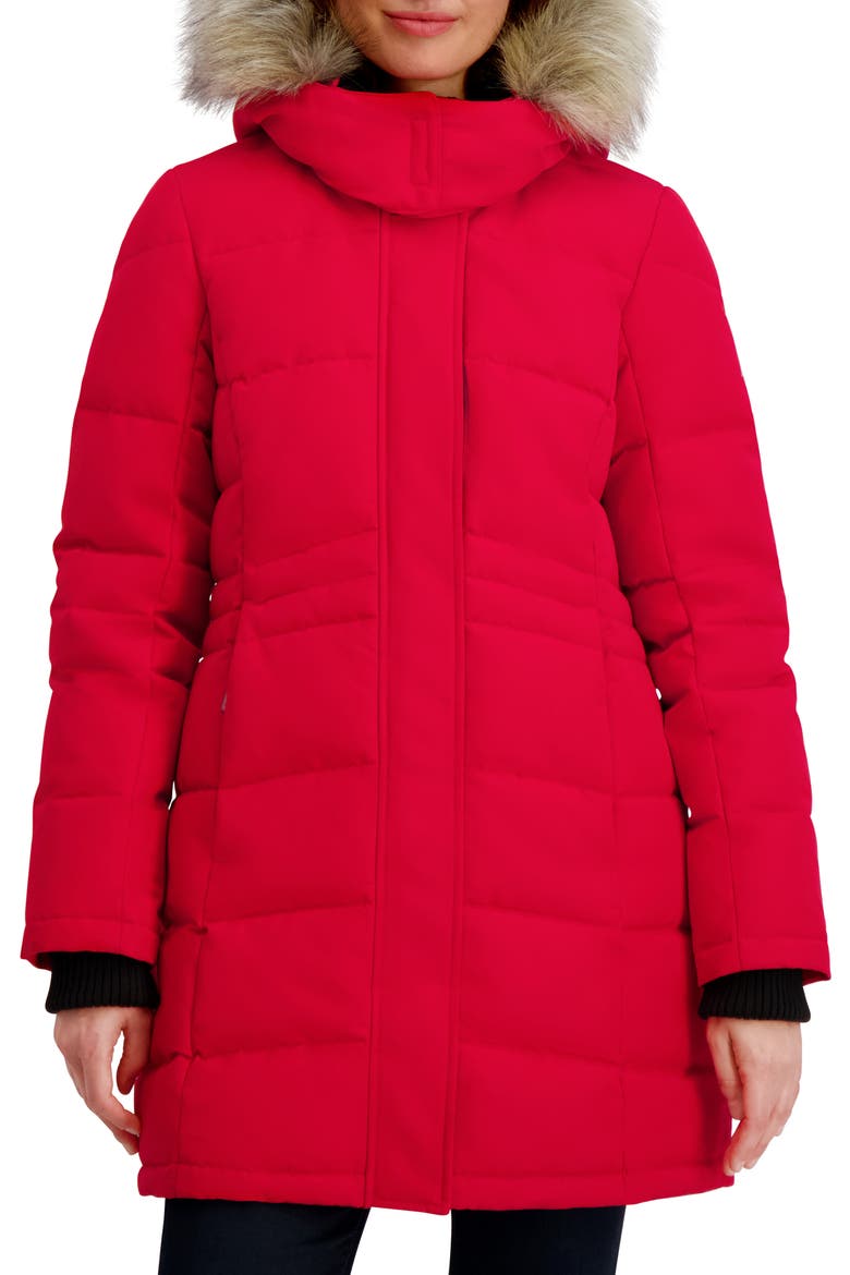 Faux Fur Trim Puffer Jacket, Main, color, RED