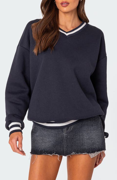 【HUECLOSET】Sporty string v-neck nylon sweatshirt R4357 Cinch-Waist Crewneck