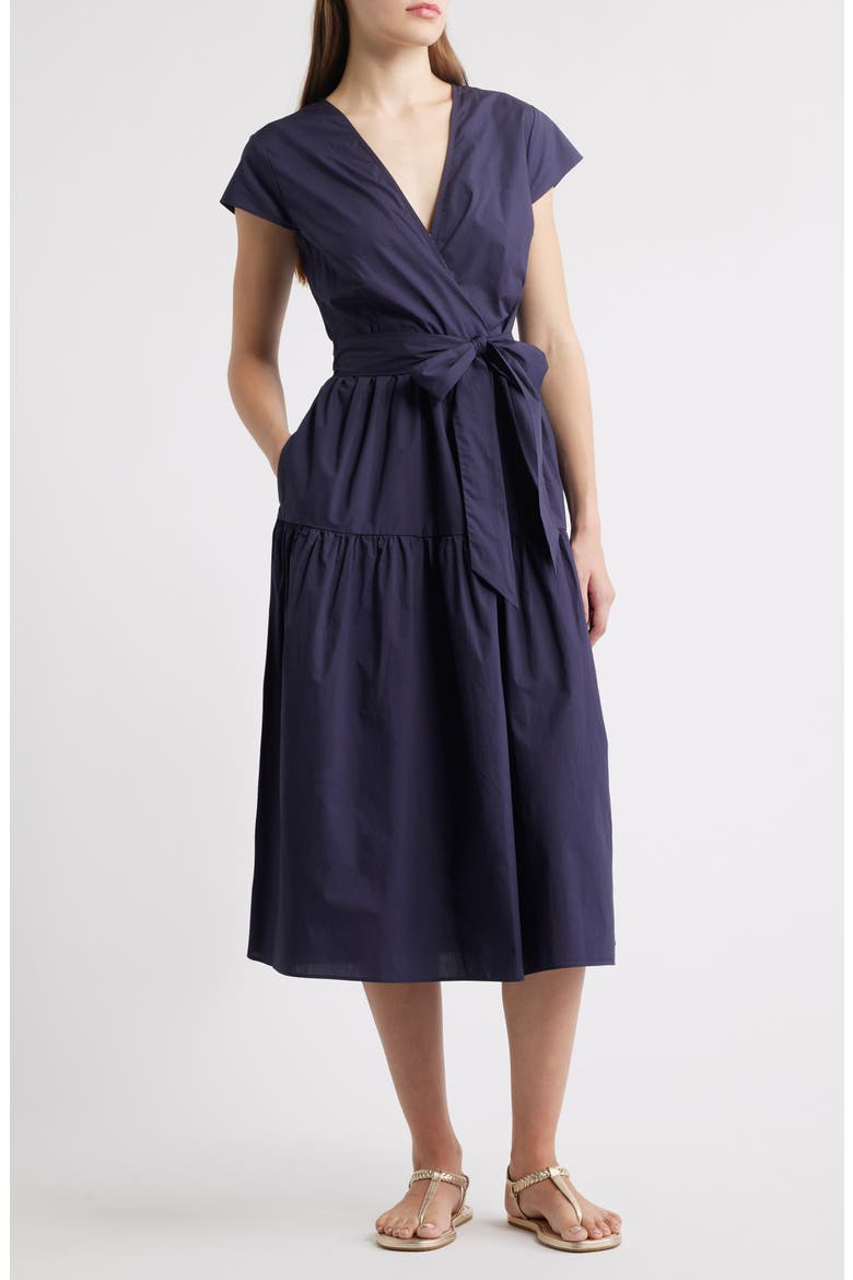 Posey Wrap Front Tiered Cotton Dress, Main, color, NAVY