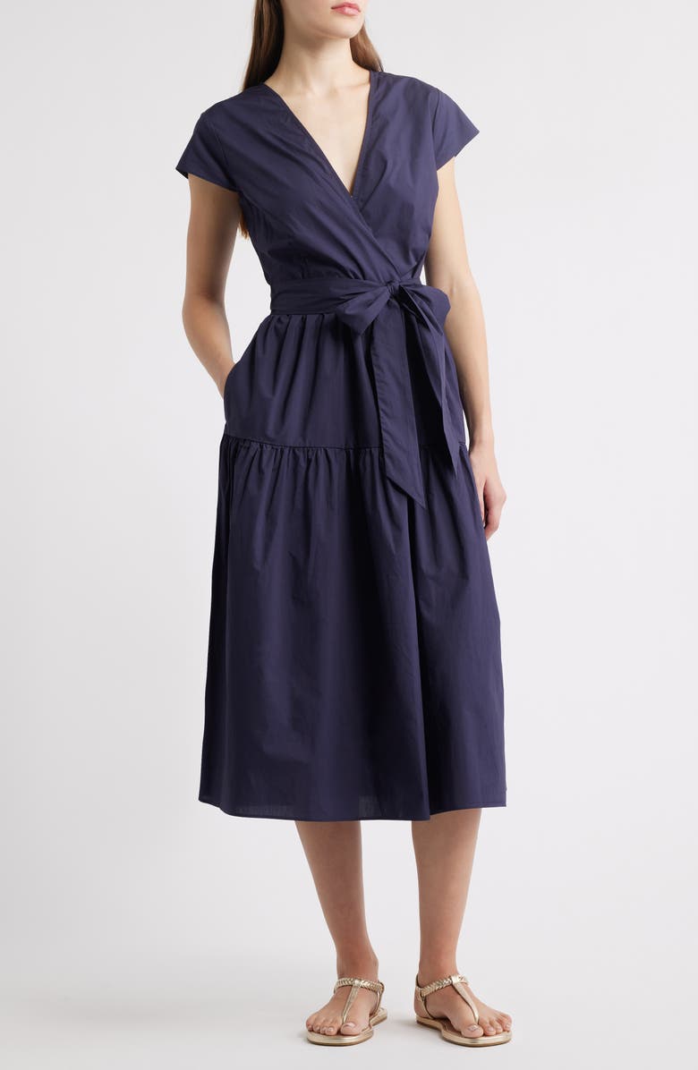 Brave+True Posey Wrap Front Tiered Cotton Dress, Main, color, Navy
