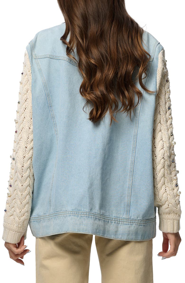 SAACHI Embellished Knit Sleeve Denim Jacket, Alternate, color, Denim