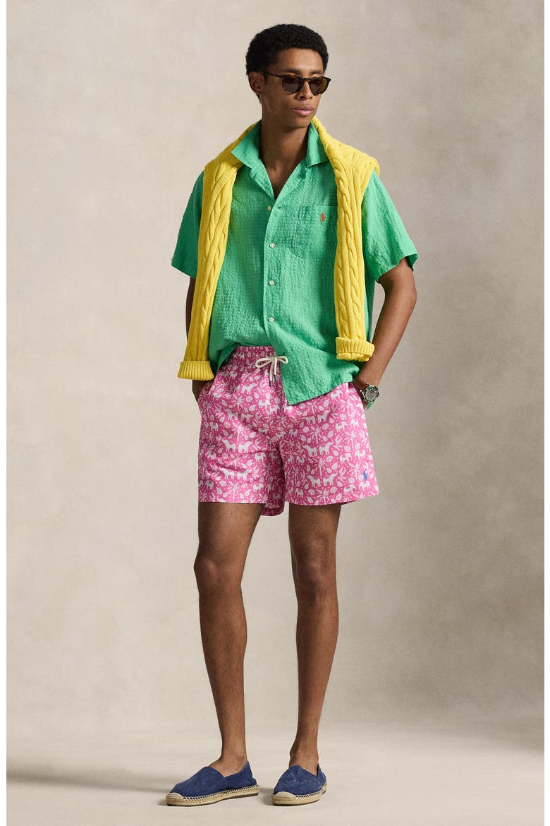 Traveler Classic Print Swim Trunks, Alternate, color, PINK ELEPHANT PALMS