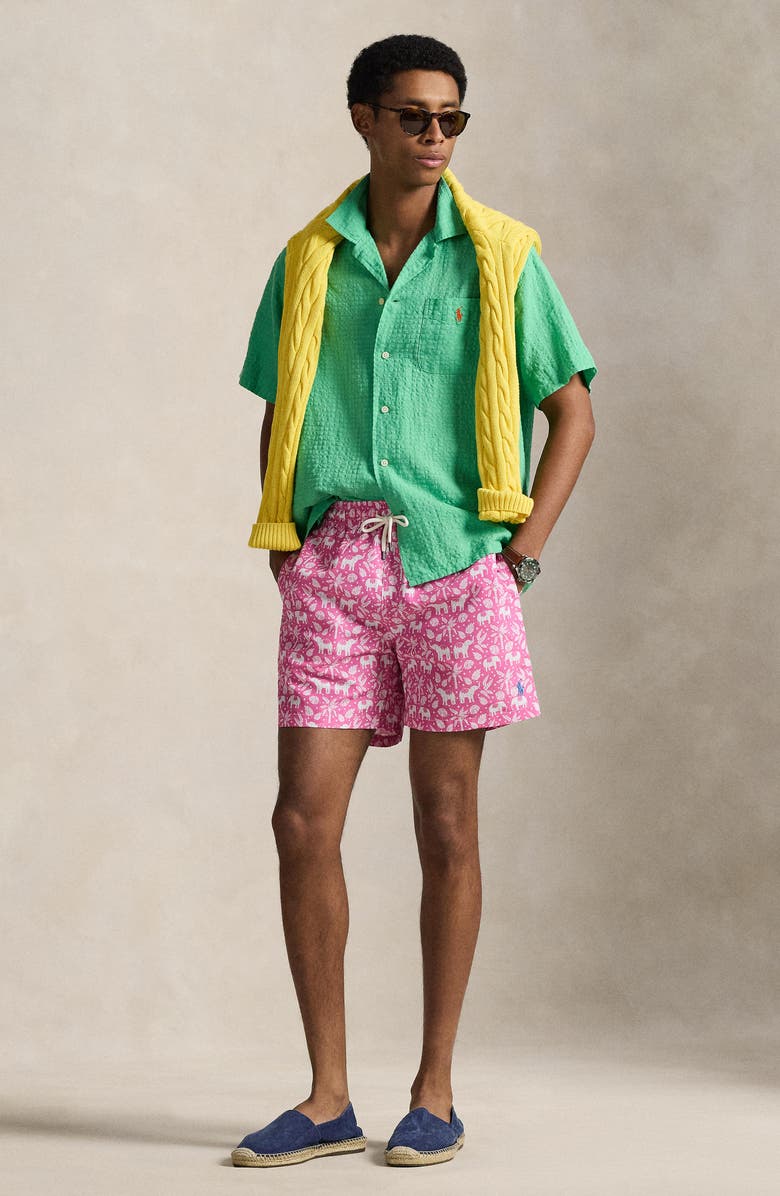 Polo Ralph Lauren Traveler Classic Print Swim Trunks, Alternate, color, Pink Elephant Palms