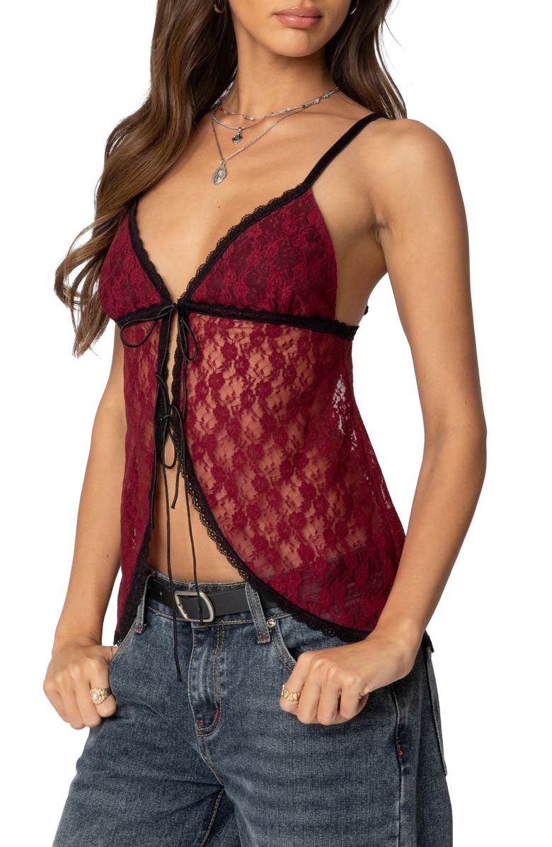 EDIKTED Maude Split Tie Front Lace Camisole, Alternate, color, Burgundy