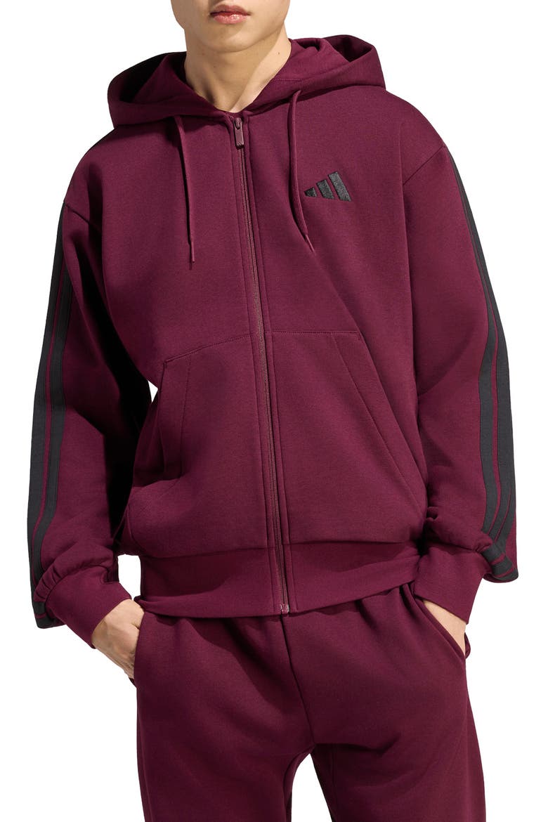 Essentials 3-Stripes Full Zip Hoodie, Main, color, MAROON/ BLACK