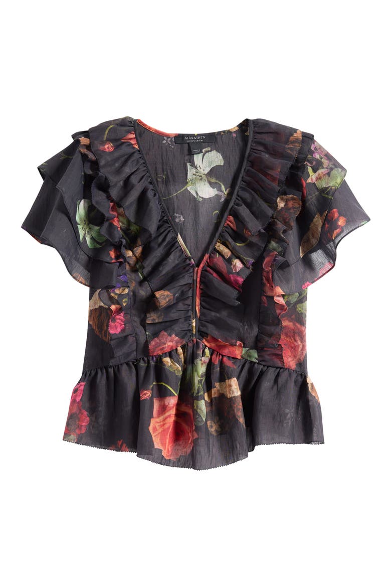 Alma Floral Print Ruffle Top, Alternate, color, HAZE BLACK