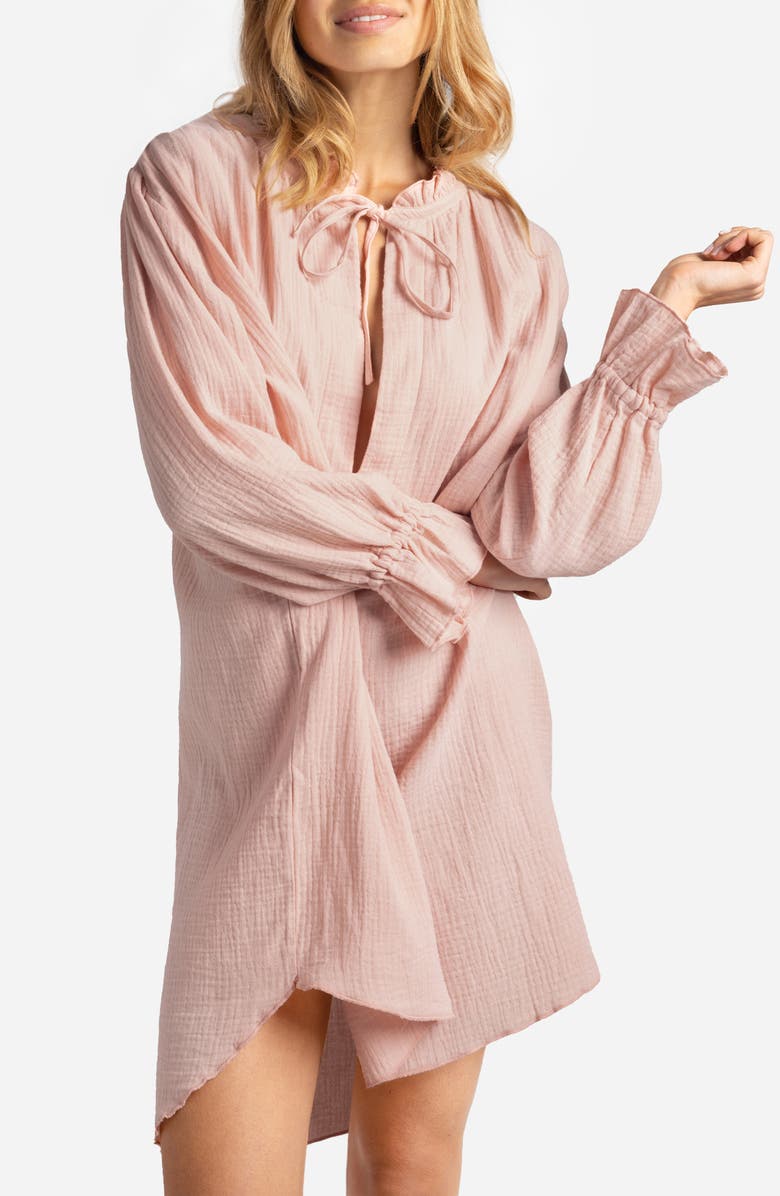 Sunday Citizen Ruffle Long Sleeve Cotton Muslin Chemise, Main, color, Peach Powder