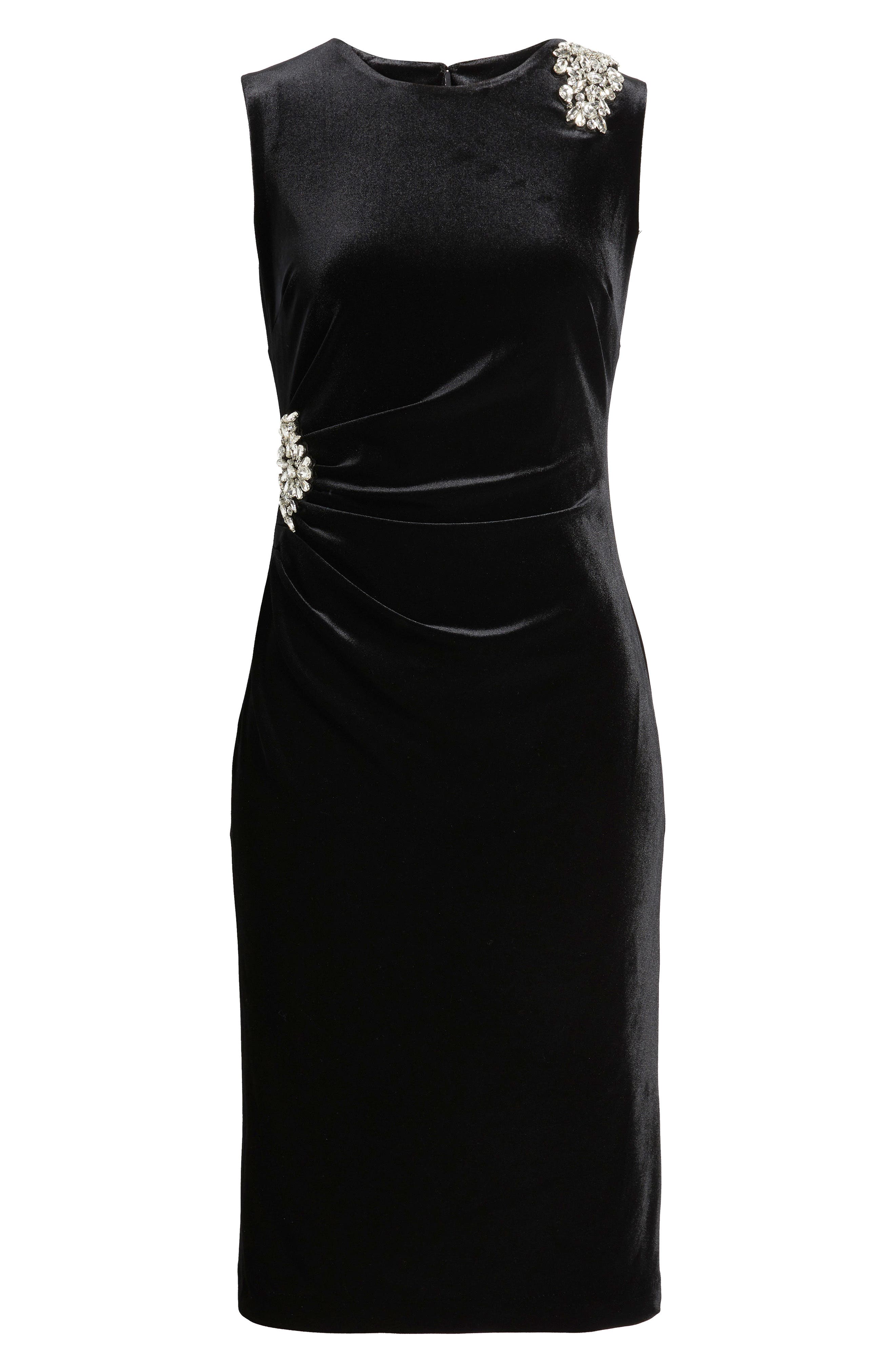 anne klein black velvet dress Rhinestone Detail Sheath (Women) Fabric Type: Velvet Winter Wedding Guest Dresses: COLOR:Black Suede the ARANYANI flatters the