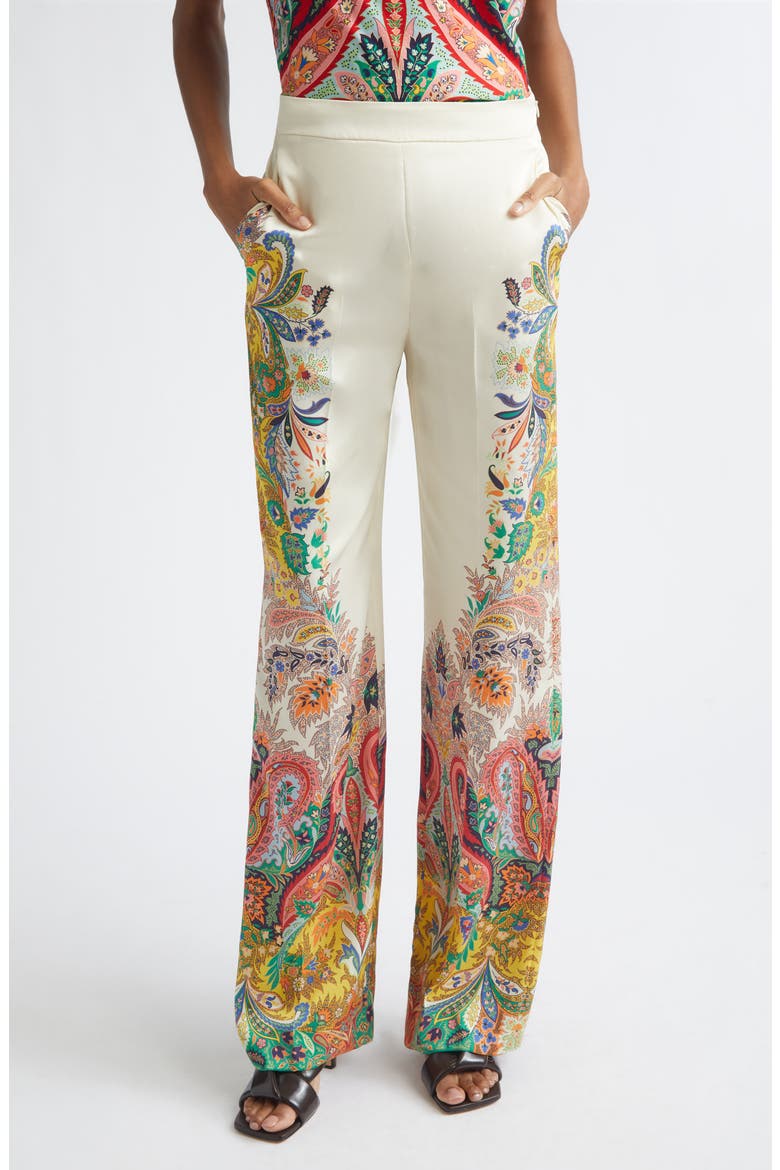 Placed Paisley Print Satin Pants, Main, color, PRINT ON WHITE BASE
