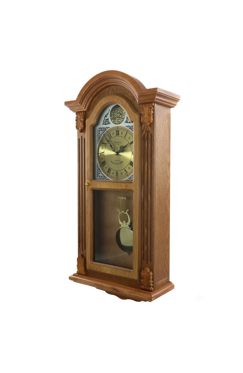 Bedford Clock Collection Honey Oak Chiming Pendulum Wall Clock, Alternate, color, Honey Oak