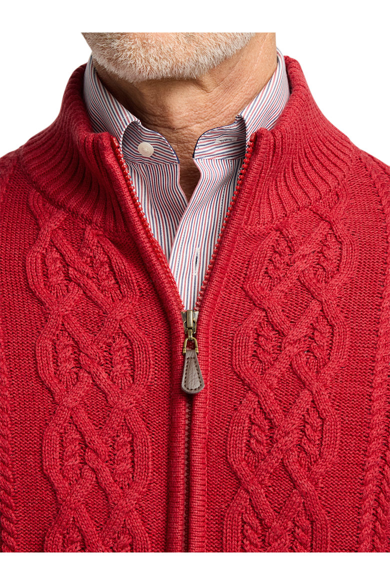 Cotton Cable Full Zip Mock Neck Sweater, Alternate, color, Red