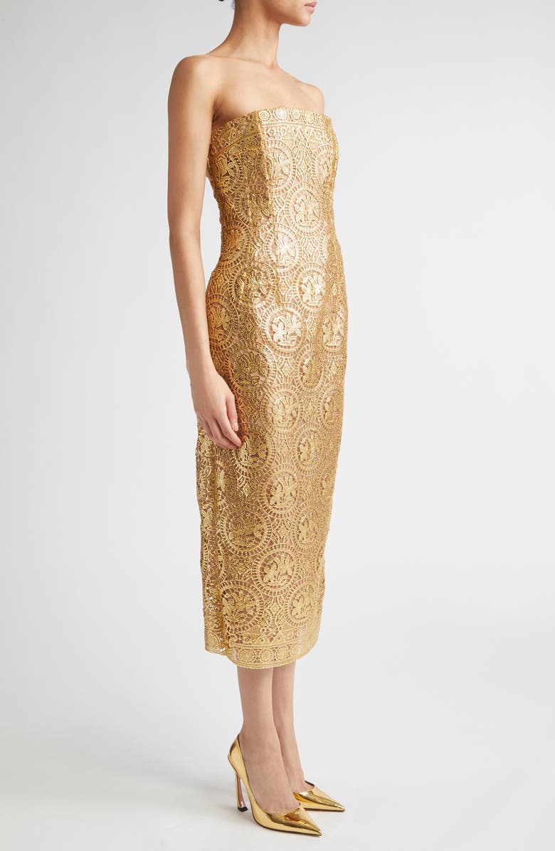 Emilia Wickstead Leila Metallic Guipure Lace Strapless Cocktail Dress, Alternate, color, Gold