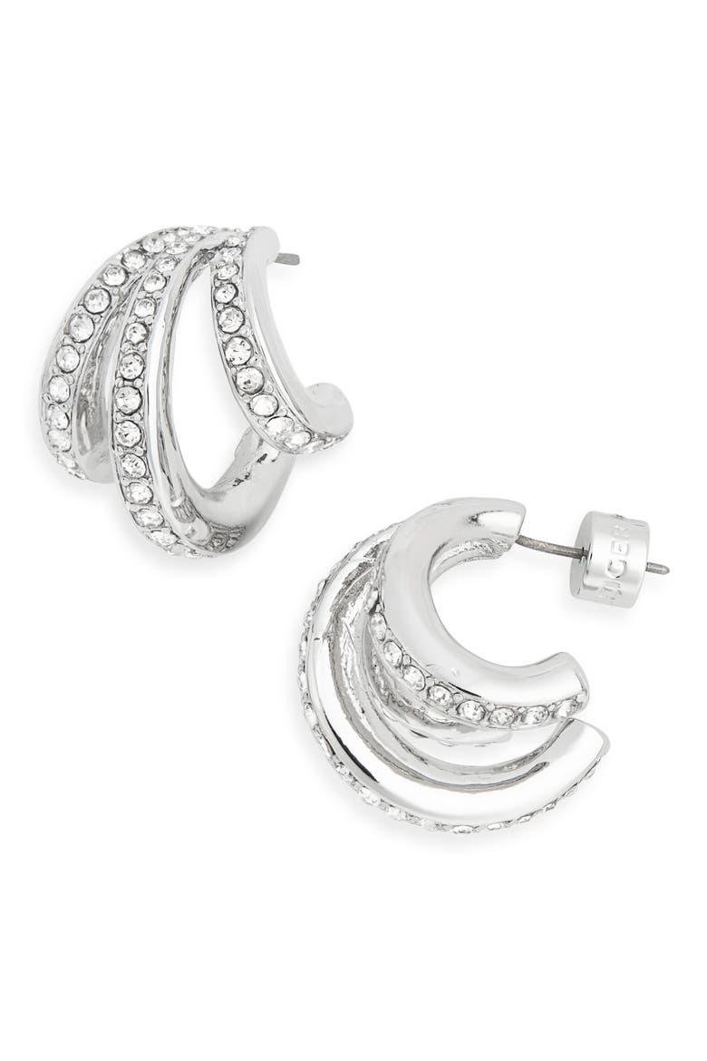Pavé Crystal Triple Huggie Hoop Earrings, Main, color, RHODIUM/ CRYSTAL