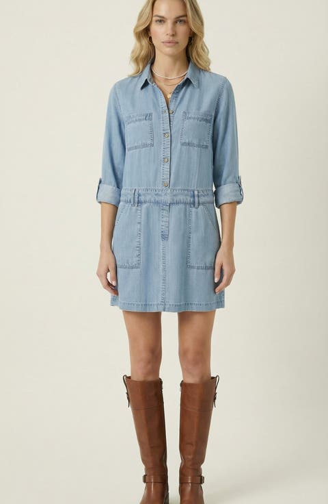 Button-Front Long Sleeve Denim Mini Dress