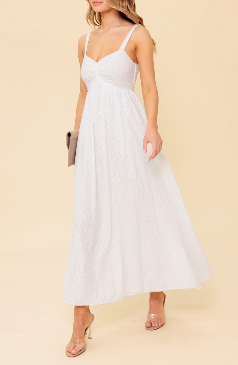 FLYING TOMATO Embroidered Eyelet Empire Waist Cotton Maxi Dress, Alternate, color, Ivory