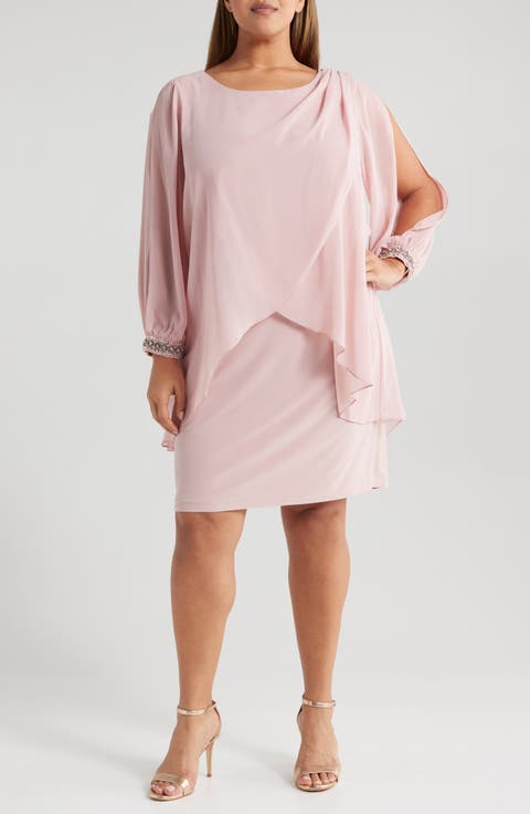 Beaded Overlay Long Sleeve Chiffon Cocktail Dress (Plus)