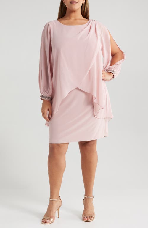 Shop Sl Fashions Beaded Overlay Long Sleeve Chiffon Cocktail Dress In Faded Rose