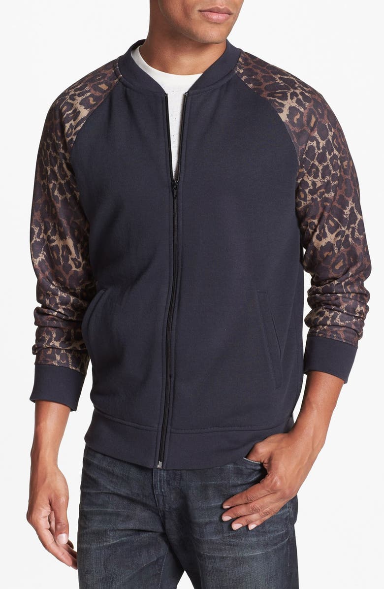 Topman Bomber Jacket with Leopard Print Sleeves, Main, color,